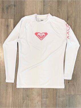 Roxy White Long-Sleeve Rash Guard with Pink Logo